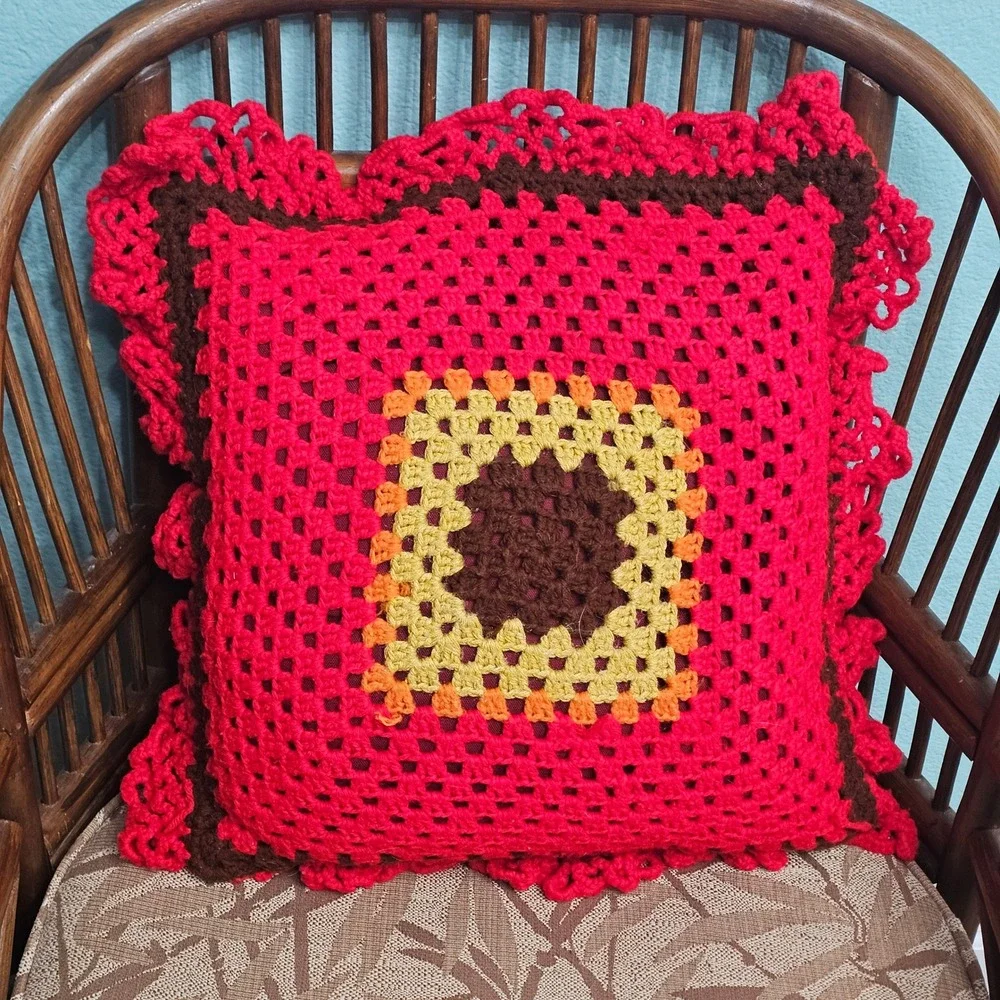 Vintage Handmade Crochet Granny Square Throw Pillow Red Orange Yellow Ruffled